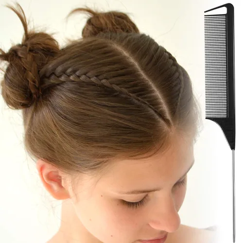 Miniatura 7 de Boao Paquete de 12 peines de cola de rata, peine de acero inoxidable, fibra de carbono, resistente al calor, para mujeres, trenzas y peinados (negro)