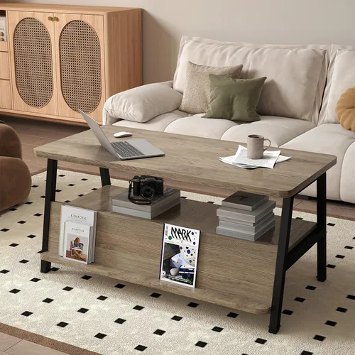 Miniatura 7 de GOODONE Mesa de centro de 2 niveles para sala de estar, mesa de centro pequeña con estante de almacenamiento y estantería, mesa central para sala