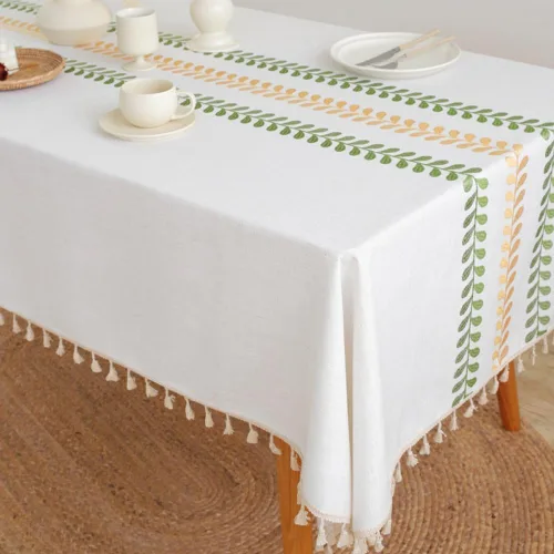 Miniatura 5 de AMZALI Mantel cuadrado de lino de algodón con bordado de hojas, diseño para granja, con borlas, sin arrugas, cubierta de mesa para decoración