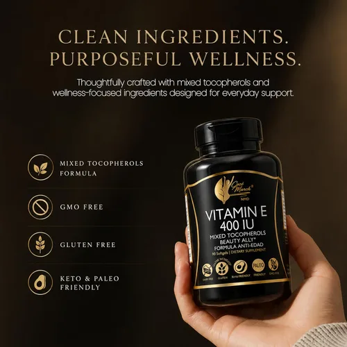Miniatura 6 de Coco March N.M.D Natural Vitamina E 400 UI Tocoferoles Mixtos - Suplemento de apoyo inmunológico para corazón, piel y ojos - Antioxidantes