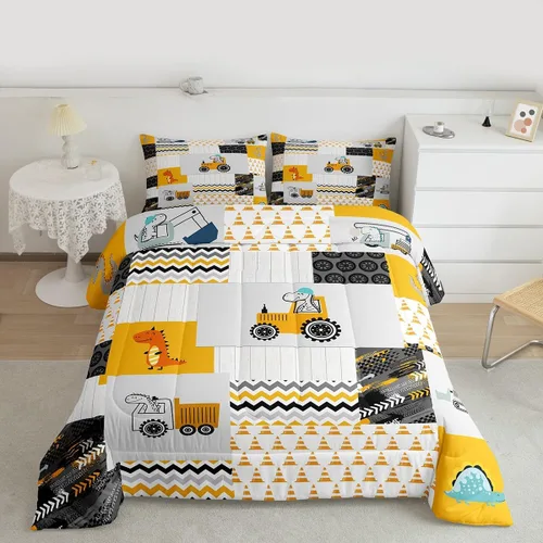 Miniatura 13 de Feelyou Juego de edredón de coche de dibujos animados para niños, edredón de construcción para niños, juego de ropa de cama de camiones y equipos