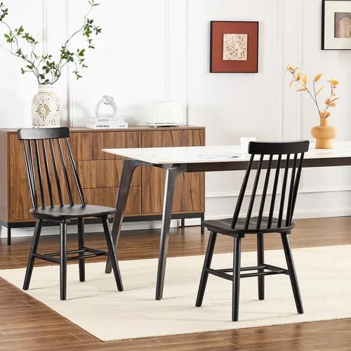 Juego de 2 sillas de comedor negras, sillas de comedor de granja con respaldo de husillo, sillas de comedor sin brazos de madera maciza para cocina,