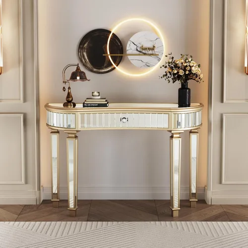 Miniatura 36 de Mesa Consola Negra con Espejo, Mesa de Sofá de Cristal Rectangular de 48 pulgadas con Elementos Tallados Vintage con Espejo, Muebles de Espejo