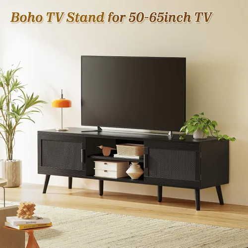 Miniatura 2 de SUPERJARE Soporte de TV para TV de 65 pulgadas, centro de entretenimiento con estante ajustable, consola de TV con 2 gabinetes, consola multimedia