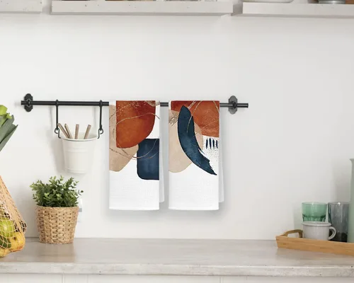 QODUNG Juego de 4 paños de cocina suaves de acuarela abstracta geométrica terracota azul marino de 16 x 24 pulgadas, juego de 4 paños de cocina