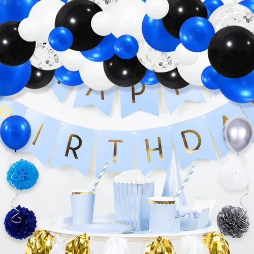 Miniatura 8 de Guirnalda de arco de globos azul real, negro, plateado y blanco, globos de confeti plateado metálico azul, negro, blanco, globo de videojuegos
