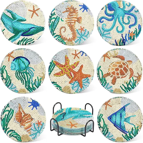 Miniatura 9 de UPINS 8 piezas de kits de pintura de arte de diamante con mandala, posavasos de arte de diamante con soporte, kits de arte de diamante Mandala azul