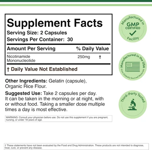 Miniatura 2 de Suplemento NMN - 99% de pureza probada - 125 mg por cápsula de mononucleótido de nicotinamida, 60 cápsulas, por Double Wood Supplements