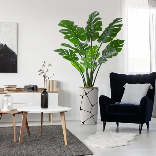 Miniatura 16 de Árbol artificial en macetero con patrón geométrico, palmera tropical areca artificial de seda para decoración del hogar en interiores y exteriores