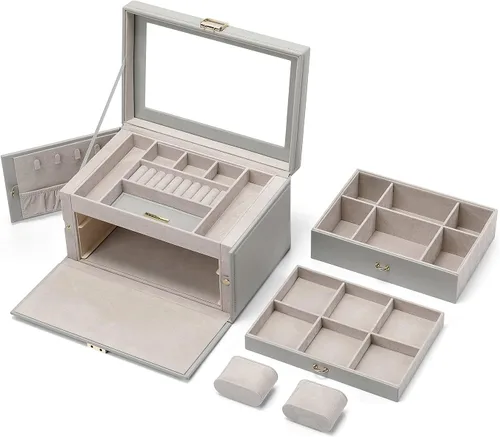 Miniatura 4 de Vlando Organizador de joyero, vitrina grande de cuero para joyas, caja de almacenamiento de 2 cajones, color gris