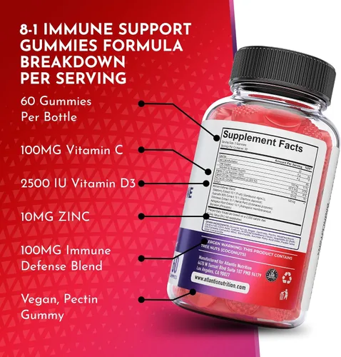 Miniatura 8 de Atlantis Nutrition Gomitas de apoyo inmunológico 8 en 1 con saúco Suplemento inmunológico con saúco, quercetina, zinc, vitamina C - Potenciadores