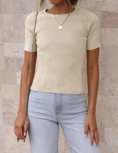 Miniatura 3 de ZESICA Camiseta de manga corta con cuello redondo y punto acanalado para mujer, ajustada, camiseta básica de verano 2023 de color sólido