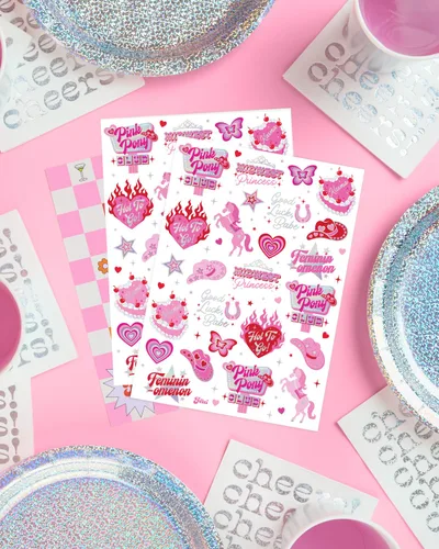 Miniatura 5 de xo, Fetti Pink Pony Club - Tatuajes temporales – 54 piezas de papel de aluminio iridiscente Fiesta de despedida de soltera de vaquera, recuerdos