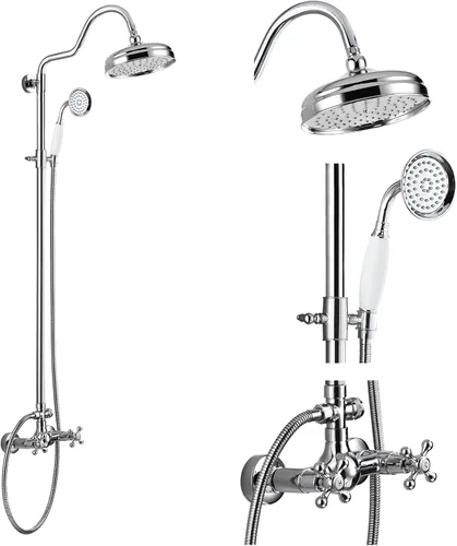 Miniatura 16 de Accesorio de ducha de doble función fijado 8 cabezal de ducha de lluvia 2 pomos dobles mango cruzado Latón antiguo