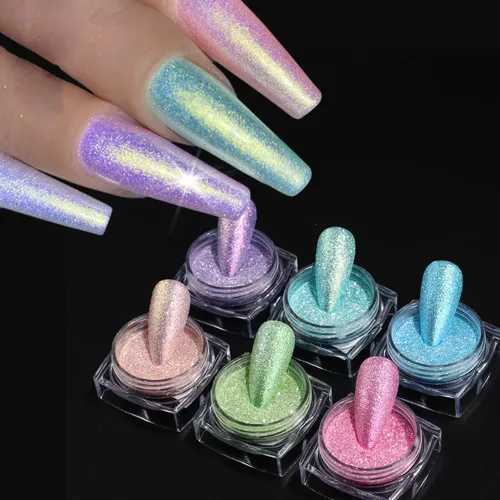 6 unidades Aurora Rainbow Candy en polvo para uñas, diamantes arena en polvo iridiscente brillante efecto de azúcar, purpurina, lentejuelas