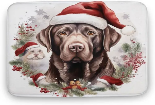 Tapete de baño con diseño de Papá Noel para perro, diseño de acuarela, color chocolate, tapete de espuma antideslizante, tapete de felpa para