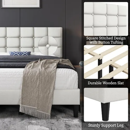 Miniatura 4 de Yaheetech Marco de Cama Tapizado, Plataforma de Cama Full Moderna con Cabecera de Costura Cuadrada y Capitoné con Botones, Altura Ajustable, Soporte