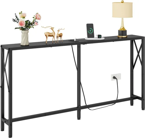 Miniatura 10 de Gewudraw Mesa consola de 41.7 pulgadas con tomacorriente, mesa estrecha detrás del sofá, diseño industrial delgado para pasillo, entrada, sala