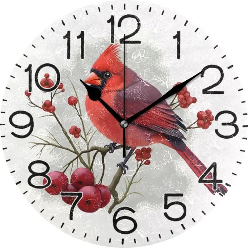 ALAZA Reloj de pared cardenal de pájaro rojo de invierno, funciona con pilas, sin tictac, de cuarzo, analógico, rústico, rústico, reloj redondo,