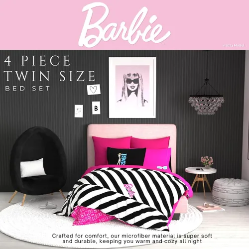 Miniatura 4 de Franco - Collectibles - Ropa de cama de Barbie 1959 - Juego de 4 piezas con edredón reversible y sábanas supersuaves - Individual