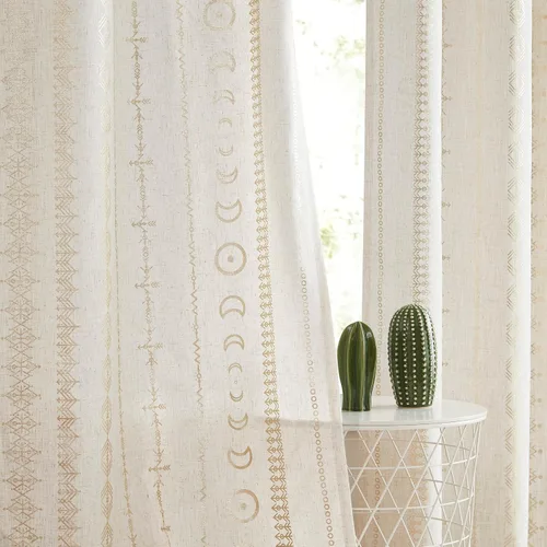 SXZJTEX Cortinas de lino dorado para sala de estar, cortinas bohemias étnicas tribales geométricas celestiales con filtro de luz de 63 pulgadas de