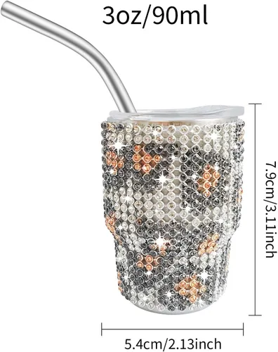 Miniatura 2 de INSTOME Vaso de chupito brillante de 3 onzas, mini tazas con tachuelas de diamantes de imitación con pajitas, brillo similar a un diamante