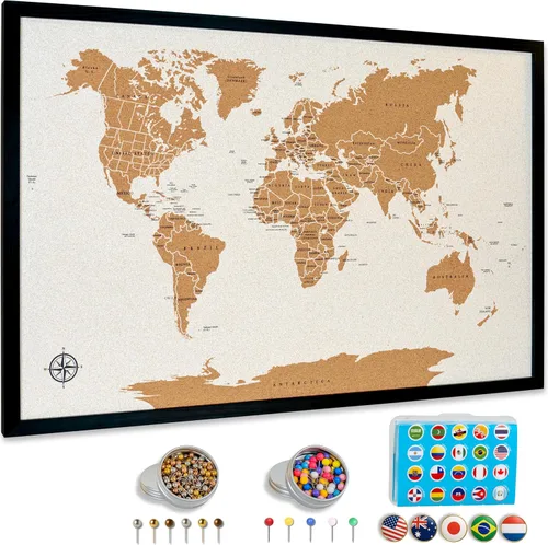 Tablero de Pines de Mapa Mundial Grande 30"x20" Enmarcado | Mapa de Pared de Corcho con Banderas de Países, Pines Metálicos y de Colores | Mapa de