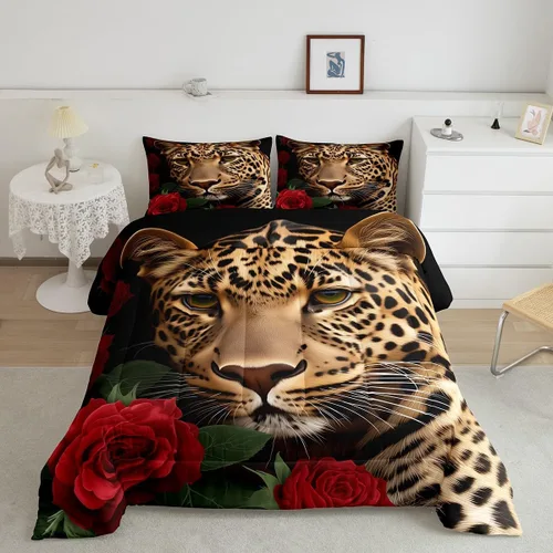 Erosebridal Juego de ropa de cama de guepardo con rosa roja, juego de edredón con estampado de leopardo y gato, edredón romántico de plumón, Multi 03