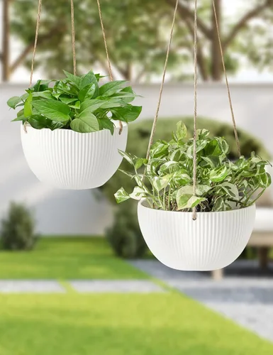 Miniatura 6 de UBEE Macetas colgantes de cerámica para interiores y exteriores, maceta colgante de 7.5 pulgadas + 6.5 pulgadas para plantas, cesta colgante