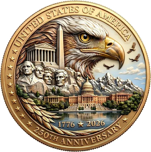 Miniatura 12 de Medalla Conmemorativa del 250 Aniversario de EE. UU. - Mercancía de América 250 con Águila Americana y Bandera de EE. UU. 250 Años de Libertad