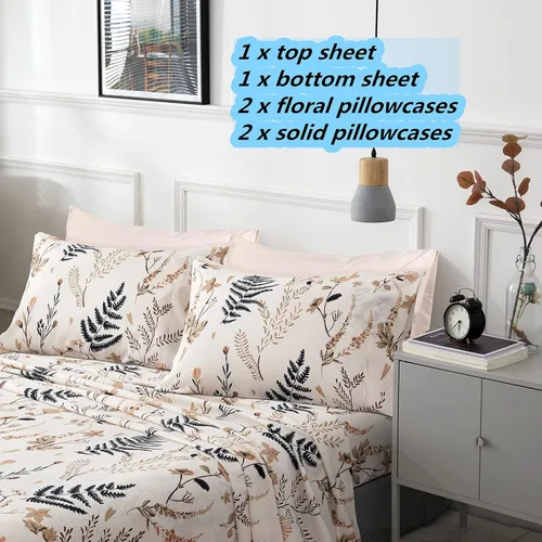 Miniatura 2 de JSD Juego de sábanas de microfibra con estampado floral otoñal, 6 piezas, suave, bohemio, con patrón de helechos botánicos, bolsillo extra profundo