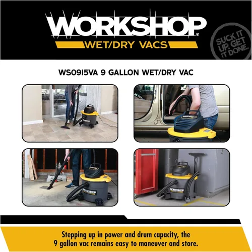 Miniatura 4 de WORKSHOP Wet/Dry Vacs Shop Vacuum WS0915VA - Aspiradora de uso general en seco y húmedo de 9 galones, 4.25 Pico HP con filtro, bolsa para polvo