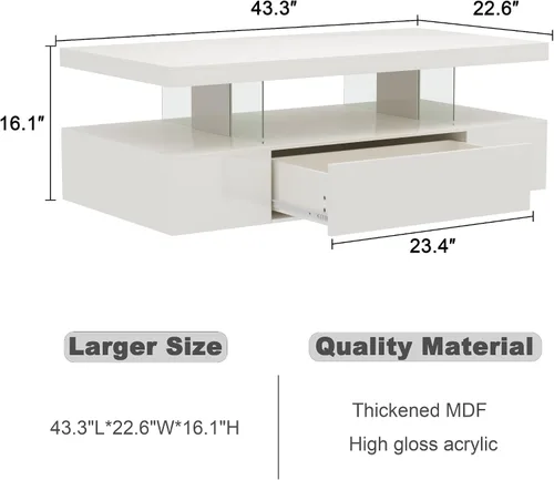 Miniatura 2 de ChooChoo Mesa de centro moderna con LED, mesa central de alto brillo con cajón, mesa auxiliar rectangular con almacenamiento para sala de estar