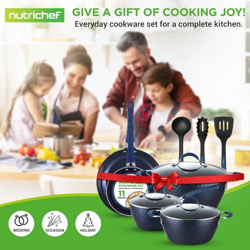 Miniatura 7 de NutriChef Juego de ollas y sartenes de 11 piezas, juego de utensilios de cocina antiadherentes con revestimiento de cerámica, asas frías al tacto