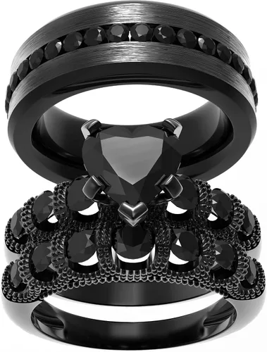 Miniatura 14 de Conjunto de dos anillos de boda para él y para ella, anillos para parejas. Anillos de compromiso para novia en acero inoxidable chapado en oro Blanco