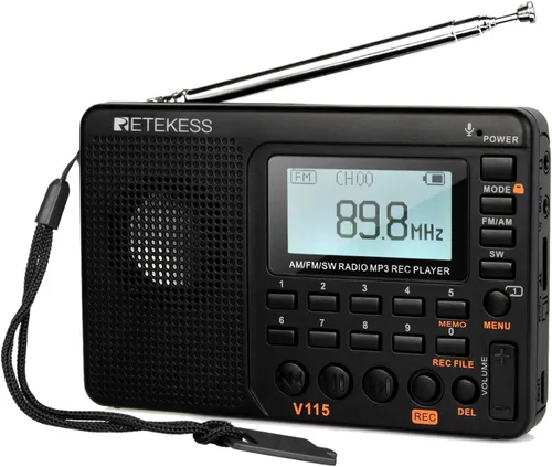 Retekess Radio de onda corta V115, Radio Digital AM FM, receptor de onda corta con batería recargable de 1000 mAh, preajustes, reproducción y