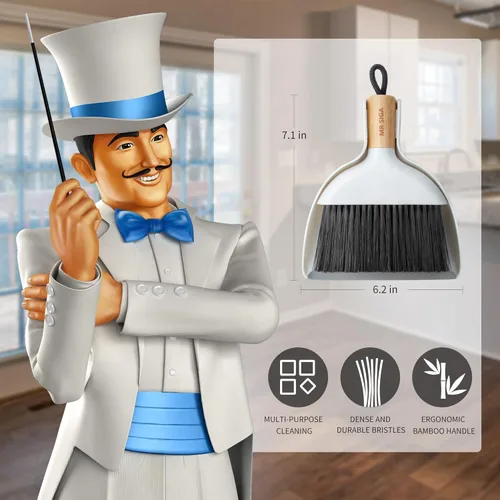 Miniatura 2 de MR.SIGA Juego de mini recogedor y cepillo, cepillo de limpieza portátil y recogedor combinado con mango de bambú, 1 juego Blanco
