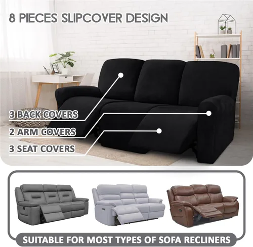 Miniatura 2 de ULTICOR Fundas de terciopelo para sofá reclinable de 8 piezas, fundas elásticas para sofá reclinable de 3 cojines, fundas para muebles, fundas