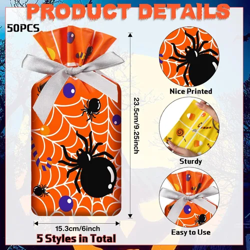 Miniatura 2 de Aliceset 50 bolsas pequeñas de regalo con cordón de Halloween – Bolsas de plástico de regalo de esqueleto de araña, fantasma, para Halloween