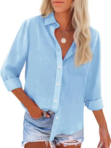 Miniatura 10 de Camisas de algodón con botones, para mujer, camisas de vestir Oxford, camisas de trabajo de manga larga, blusas con cuello y bolsillo