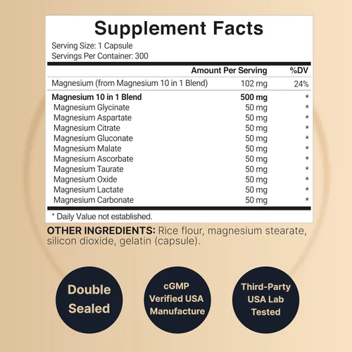 Miniatura 2 de NatureBell - Suplemento complejo de magnesio de 500 mg, 300 cápsulas, 10 formas activas, glicinato, citrato, taurato y más, 100 % quelado