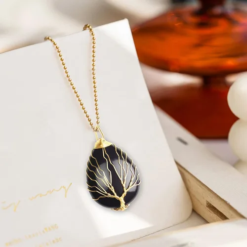 Miniatura 3 de Collar con colgante de lágrima envuelto en alambre dorado, collares de piedra de cristal curativa del árbol de la vida, joyas de piedras preciosas