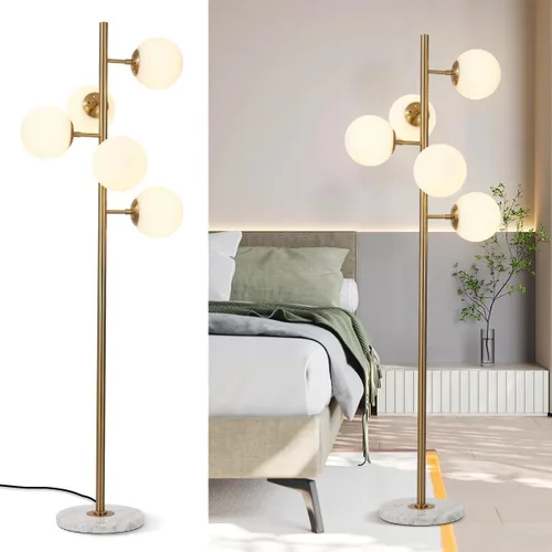 Miniatura 14 de KCO Lighting Five Globe - Lámpara de pie moderna de mediados de siglo, pantalla de vidrio de leche, acabado negro, base de mármol para sala de estar