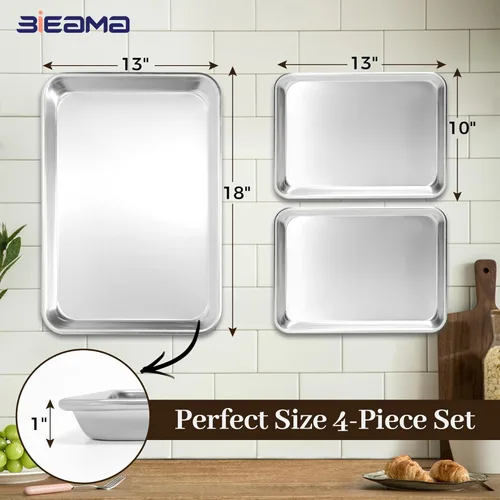 Miniatura 2 de BIEAMA Juego de 4 bandejas de aluminio para hornear, 2 bandejas de media hoja y 2 cuartos de tamaño, hojas comerciales de galletas resistentes