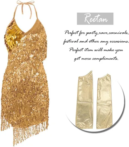 Miniatura 4 de REETAN Falda de vientre de moda con guantes de lentejuelas y borlas, vestido de baile, falda de baile rave, disfraz de rendimiento para mujeres