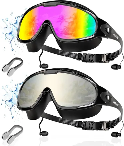 Aegend - Nuevas gafas de natación de visión amplia para adultos, con protección antiniebla/UV, sin fugas, con tapones para los oídos para hombres y