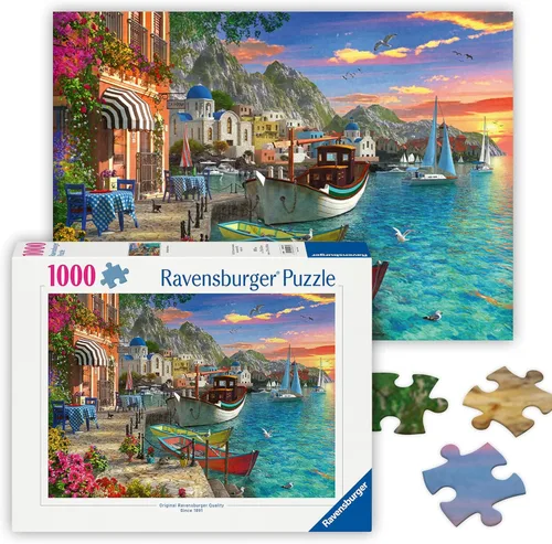 Ravensburger - Grandiosa Grecia - Rompecabezas de 1000 piezas - Impresionante y emocionante amanecer costero sobre la ciudad - Colores llamativos -