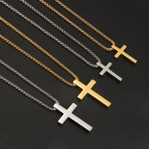 Miniatura 4 de Collar de cruz para hombre Collar con colgante de cruz lisa de acero inoxidable plataoro, regalo de joyería simple, cadena de caja de 18 a 24