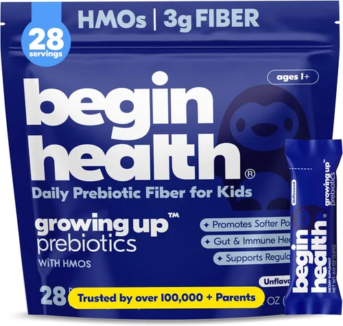 Begin Health Growing Up® Prebióticos para niños 28 paquetes | Suavizantes de heces en polvo soluble en prebióticos y suplemento digestivo para la