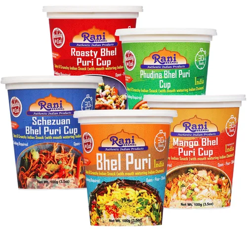 Rani Bhel Puri - Juego de 5 sabores en 1 (regular, asado, mango, schezuan, pudina) 3.5 oz (100 g), paquete de 5 ~ Snack indio picante y crujiente |